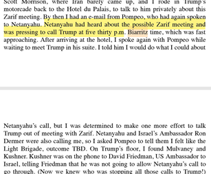 9. Bolton, Pompeo, Netanyahu, were all freaking out over the potential Trump-Zarif meeting. Netanyahu was desperately trying to get through to Trump to convince him not to do it.
