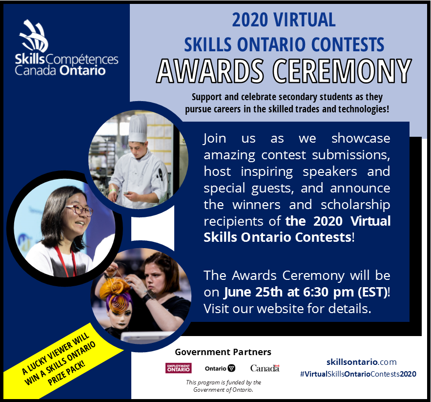 Join us this Thursday at 6:30 pm (EST) for the #VirtualSkillsOntarioContests2020 Awards Ceremony! We're announcing winners, hosting special guests, and awarding a lucky viewer a Skills Ontario Prize Pack! The live link will be posted at skillsontario.com/2020-virtual-s…!