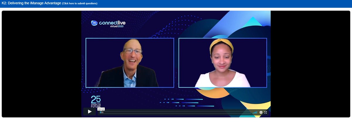 imanageinc's tweet image. Dan Carmel, CMO and Stephanie Vaughan, Global Legal Practice Director at their Keynote on ‘Delivering the iManage Advantage’ - reviewing the platform vision.

#iManage #ConnectLive2020 #ConnectLive20 #Keynote #RemoteWorking #DMS #VirtualConference.