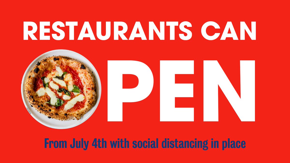 🍽🍷

"We will also re-open restaurants and pubs. All hospitality indoors will be limited to table-service, and our guidance will encourage minimal staff and customer contact." - Prime Minister <a href="/BorisJohnson/">Boris Johnson</a>.