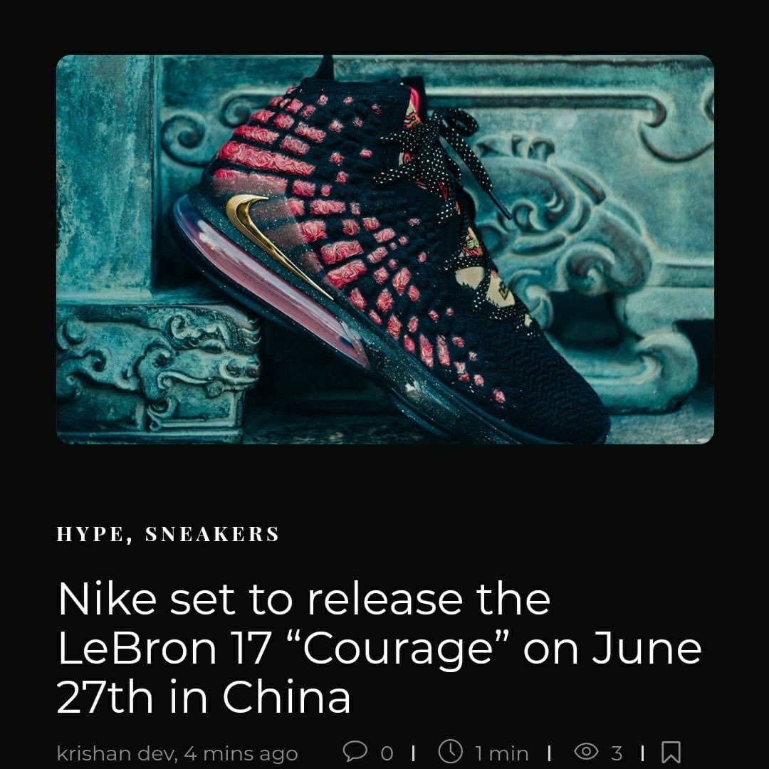 StreetSenseIN's tweet photo. #Nike set to release the #LeBron 17 “Courage” on June 27th in China – Tap on the link below to know all about it:
https://t.co/iGNPBGDtkH
•
#sneakerheads #sneakernews #SneakerScouts #sneakerhead #LeBronJames #streetsense #sneakers #sneakerblog #nikeshoes #NikeShoesMatter https://t.co/NSoj56w3St