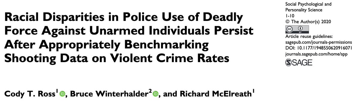 319/ "Across all crime benchmarks in all years, there is substantial evidence of anti-Black racial disparities in the killing of unarmed noncriminals by police. Here, we fail to recover the principle findings of Cesario et al. (2019)."  https://twitter.com/mindismoving/status/1274073023793037312?s=20 ( @rlmcelreath)