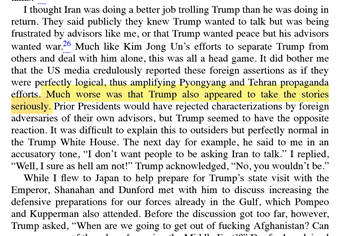 14. Bolton discusses Zarif’s “B-Team” narrative--that Bolton, Bibi Netanyahu, Bin Zayed & Bin Salman--were trying to prevent Trump from negotiating with  #Iran.Bolton says Trump believed this, which his book also abundantly makes clear has been true.