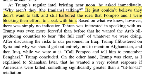14. Bolton discusses Zarif’s “B-Team” narrative--that Bolton, Bibi Netanyahu, Bin Zayed & Bin Salman--were trying to prevent Trump from negotiating with  #Iran.Bolton says Trump believed this, which his book also abundantly makes clear has been true.