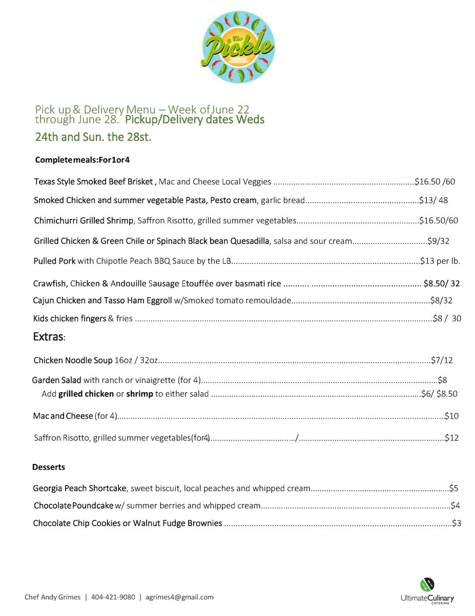 Here is this weeks' delivery/pick-up menu.  Order tonight for Weds, by Sat by 8pm for Sun delivery.  thepickleatl.com/weekly-menu/