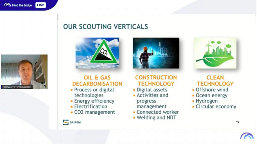 MindTheBridge's tweet photo. Kostyantyn Tomashpolskyy, Head of #Innovation Factory at #Saipem, introducing their scouting verticals
Through their partnership w/ #MindThebridge they're focusing on #decarbonisation, #construction #tech and #cleantech
#SSUMMIT20 #Israel LIVE
https://t.co/3QdULxX3AE https://t.co/ttJ4WABqmW