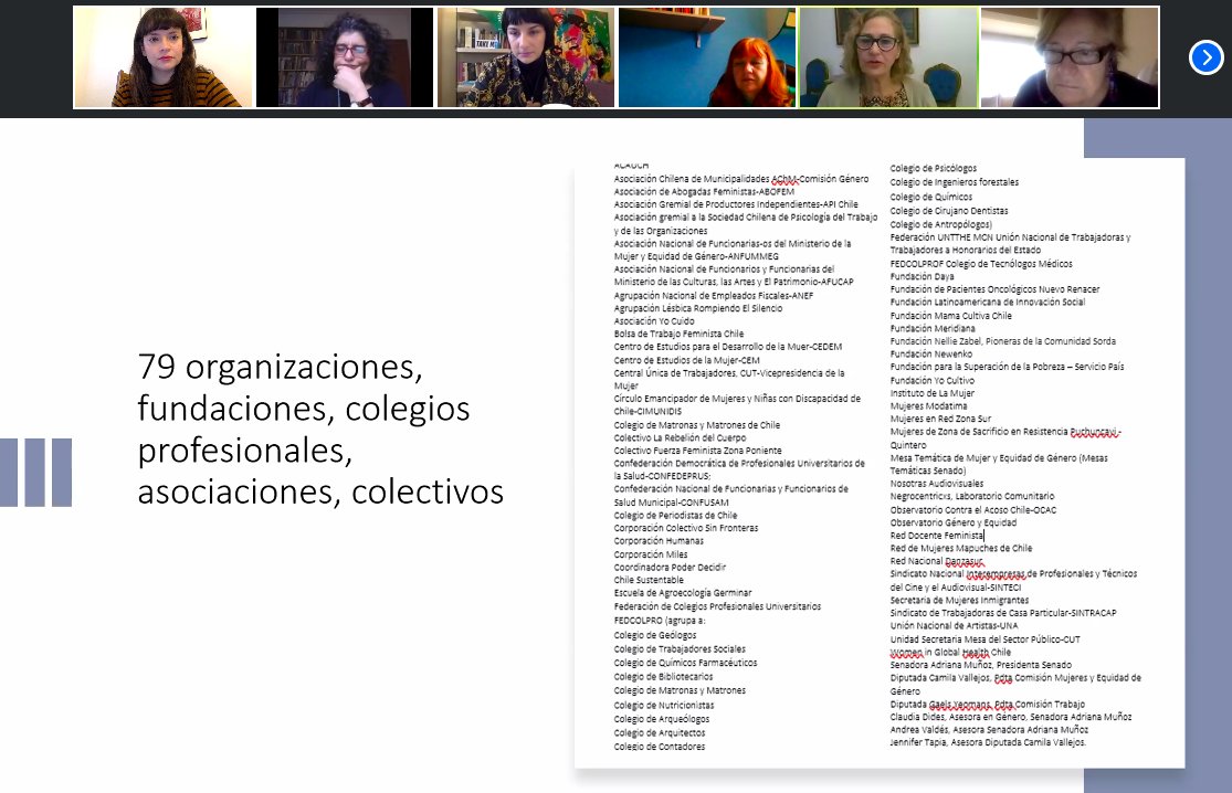API_Chile's tweet photo. Estamos en conferencia de prensa de  #MesadeGenero COVID donde fuimos invitadas como Comisión de Genero API desde el Senado @_adrianamunoz y Camara @camila_vallejo @GaelDiputada para incluir propuestas desde la Cultura. Somos 79 organizaciones presentando medidas. Más democracia https://t.co/xtFxQK9DcK