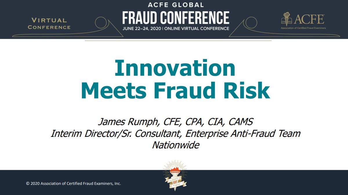 Excited to attend my next @TheACFE #fraudconf session, presented by @Nationwide / @CentralOhioCFE's own James Rumph.