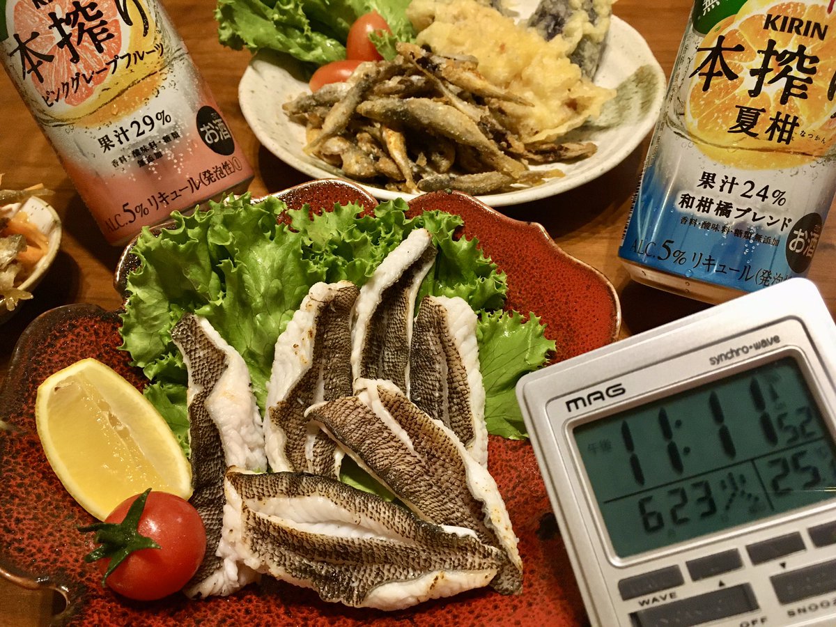 ゆーじ 日曜日に釣って来た魚で晩ごはん ムラソイの焼き霜造り 豆マメアジの唐揚げガラムマサラ七味 チーズ味 ギンポの天ぷら
