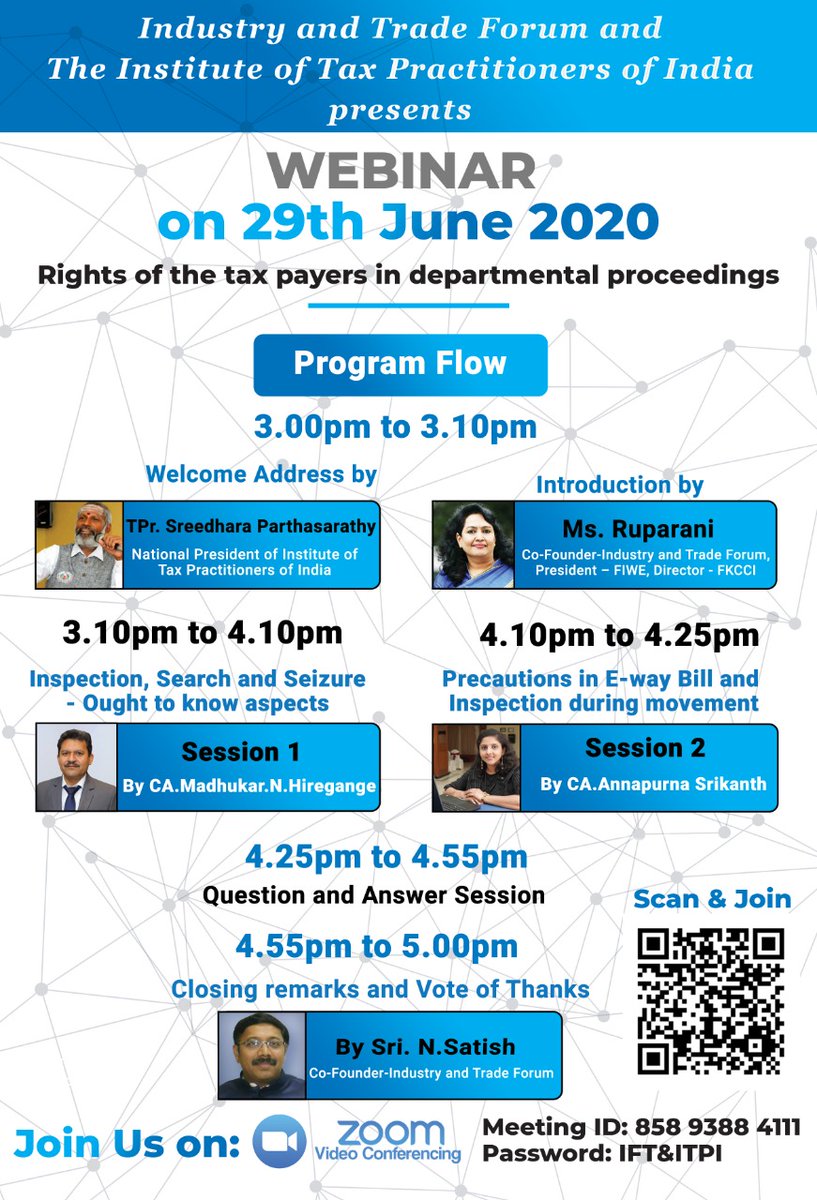 Dear stakeholders, kindly zoin webinar on:
RIGHTS OF TAX PAYERS IN DEPARTMENTAL PROCEEDINGS

On: Monday, the 29 June, 2020 by 3 PM

Queries can be E-mailed to: indiataxpayersclub@gmail.com

Direct Link to Join:
us02web.zoom.us/j/85893884111…

Zoom ID: 858 9388 4111
Password: ITF&amp;ITPI