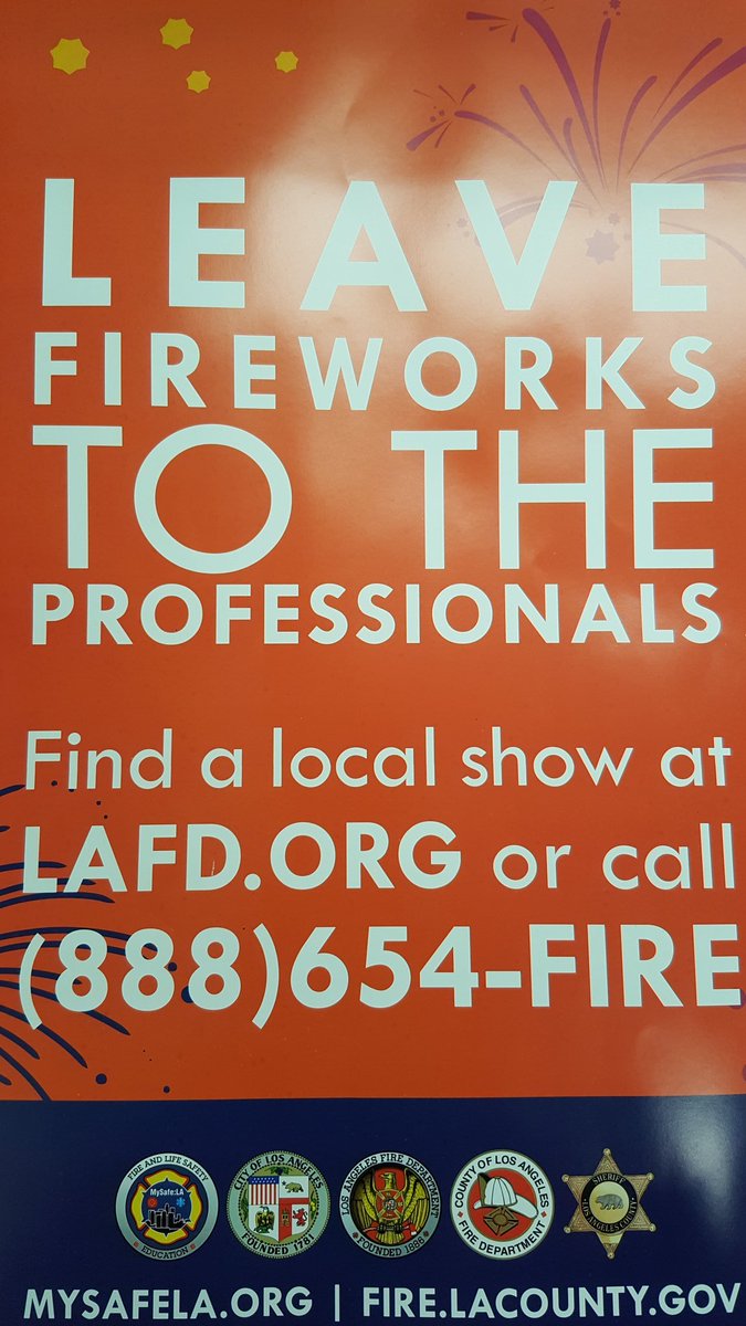 Remember personal use of fireworks in Los Angeles is illegal. Bringing them into Los Angeles and / or distributing them to a minor is equally against the law. Enjoy our Nations Birthday in a safe and sane manner at a professional show.