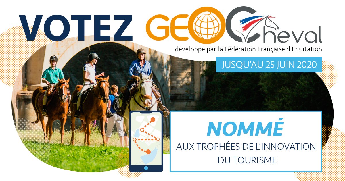 FFEquitation's tweet photo. Plus que quelques jours pr voter pr #GeoCheval, nommé aux Trophées de l’innovation du tourisme by l'@echotouristique ! 🏅
Amoureux des chevaux & de la nature, GeoCheval est votre indispensable pour vos randos !😎 Votez GeoCheval avant jeudi 25 juin sur➡️ https://t.co/kByPOCygMY https://t.co/6nm1gkqf4D