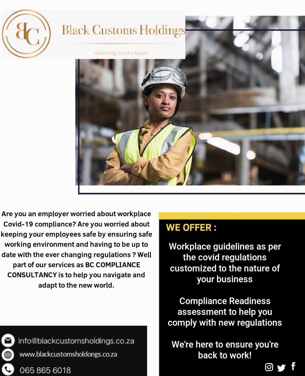 black_customs's tweet photo. Black Customs Holdings is here to offer compliance assistance and ready to assist companies to get back to work on full mode.
#FemalesEnterprise 
#WomenEmpowerment 
#AdvancingToTheFuture https://t.co/XwHmdUHOT4