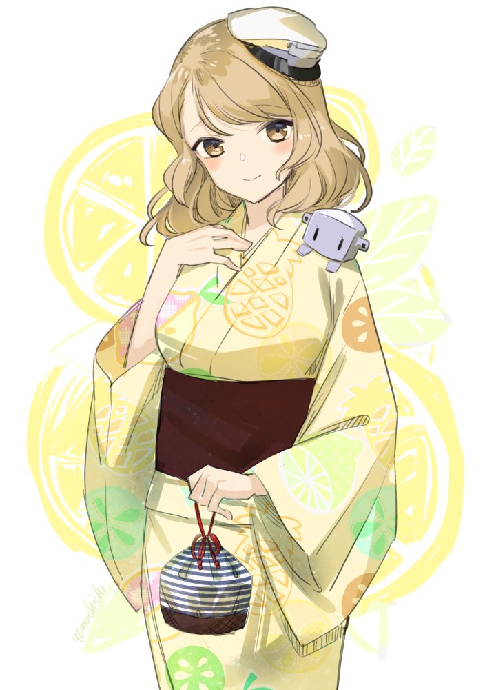 1girl japanese clothes kimono yellow kimono hat solo yukata  illustration images