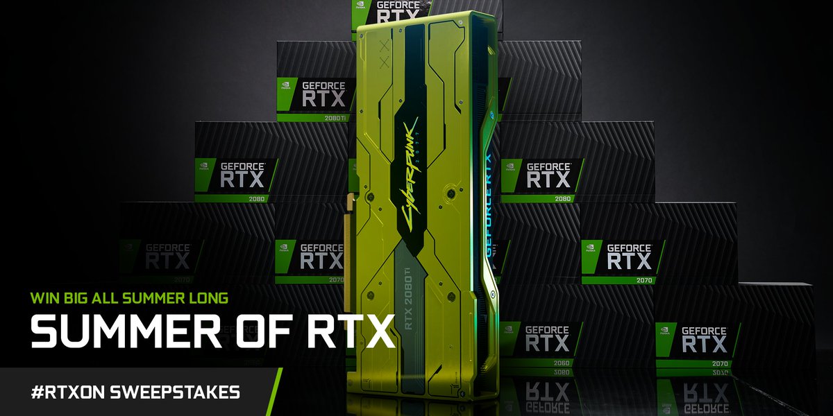 **GeForce RTX 2080 Ti #Cyberpunk2077 Edition has entered the chat**

And for our Summer of RTX sweepstakes we have 7⃣ to giveaway. 

Want one? 

1. RT this post 🔄
2. Reply with #RTXOn 💬
3. Tag 3 gamers below 👥