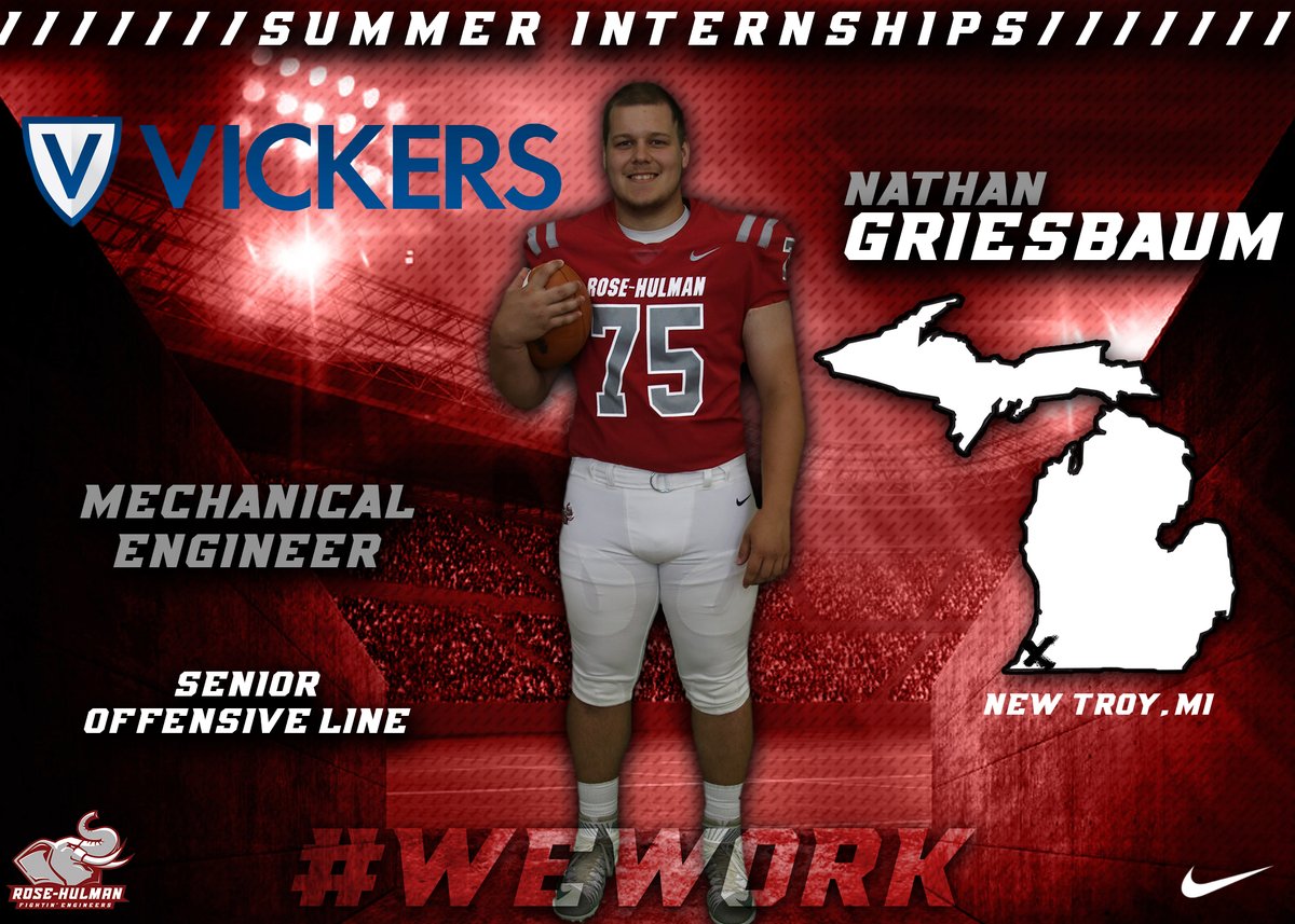 RoseHulmanFB's tweet photo. Senior Offensive Lineman Nathan Griesbaum is doing his summer internship with Vickers Engineering in New Troy, Michigan! #WeWork https://t.co/G6pwo0Be2C
