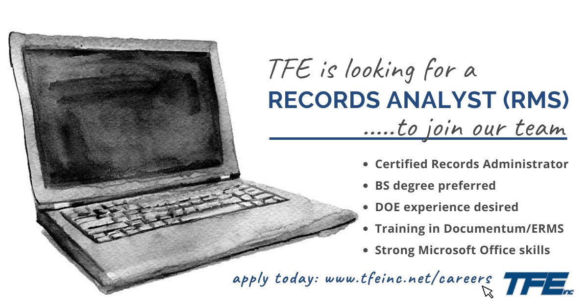 MUST apply through our website to be considered! TFE is now hiring a Records Analyst (RMS) in Carlsbad, NM. Full time + benefits! Apply today: bit.ly/3fO9uK4

#TFE #carlsbad #newmexicojobs #recordsanalyst #documentum #CRA #nowhiring #DOE