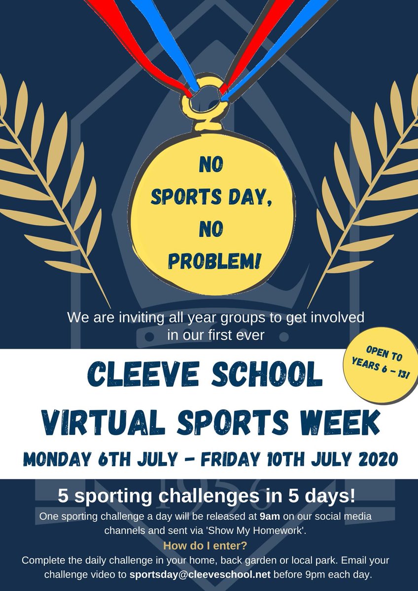 👟 NO SPORTS DAY, NO PROBLEM!

This year, Sports Day is going to be a little different. Due to the current situation we find ourselves in, we are going to be running a Virtual Sports Week, for all Year Groups to get involved, including new Year 7 cohort. Stay tuned!

#TeamCleeve