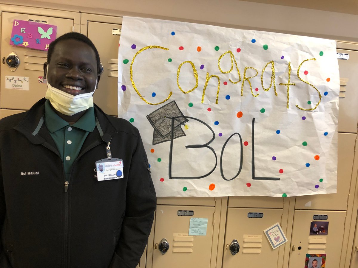 childrens's tweet photo. Our team member Bol is one of the #LostBoysofSudan. He walked over 1,000 miles to escape civil war before coming to the U.S. He recently graduated college - the first in his family and though his ceremony was canceled, his team made sure to celebrate this huge milestone with him! https://t.co/T3BuwK6y4K