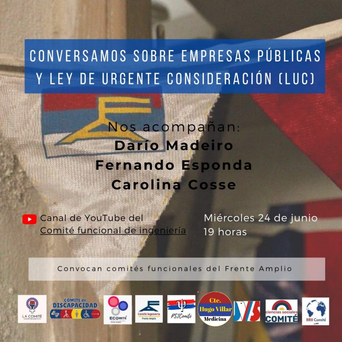 ECOmiteFA's tweet photo. EMPRESAS PÚBLICAS y la LUC

Este miércoles a las 19, los comités funcionales las y los invitamos a conversar sobre empresas públicas en el marco de la LUC, con este panel tremendo.

Por el canal de youtube del @comiteingefa. 
✊🏼🔴🔵⚪✊🏼

https://t.co/asq73BZm4G https://t.co/wrNcOQuYJY