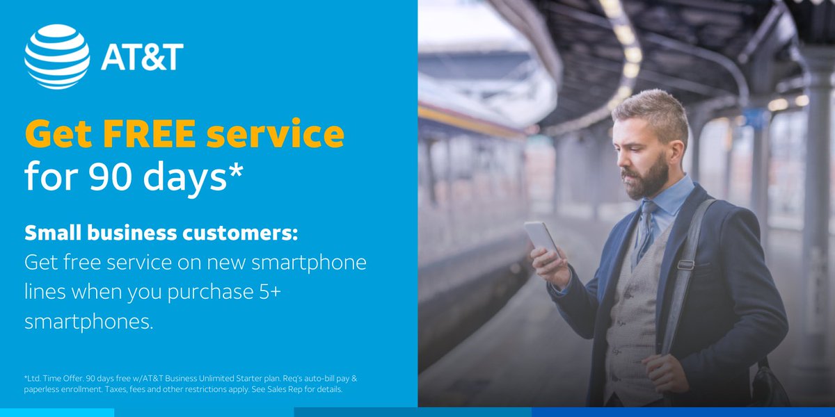 Business customers can get FREE service for 90 days when purchasing 5+ smartphones on AT&amp;T Business Unlimited Starter. This is a limited time offer, so visit our AT&amp;T Store at Parma Shoppes or you can give us a call at 21.910.7324 today!