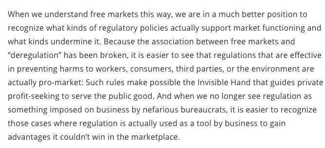 A free market is not a completely deregulated market. Markets are free when the regulations put into place allow free entry, free exit, freely moving prices, free trade across borders, freedom to hire and fire, freedom to invest, etc. 8/