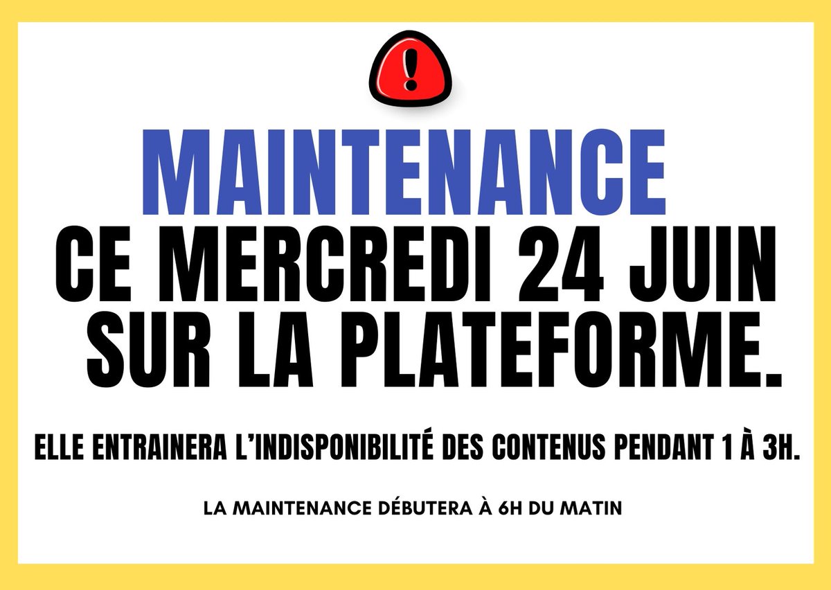 📣 Une opération de maintenance visant à améliorer les performances de notre plateforme est prévue ce mercredi 24 juin 2020 à partir de 6h du matin. Elle entrainera l’indisponibilité des contenus pendant 1 à 3h.