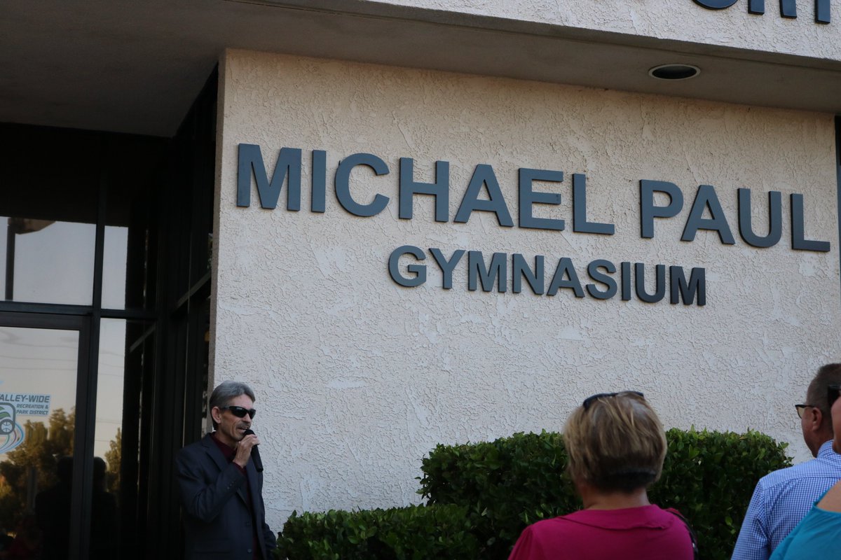 Valley-Wide's Michael Paul Gymnasium has been recognized as a Community Landmark by the California Association of Recreation and Park District’s annual Awards of Distinction program. Namesake Michael Paul speaks at the dedication in June 2019.