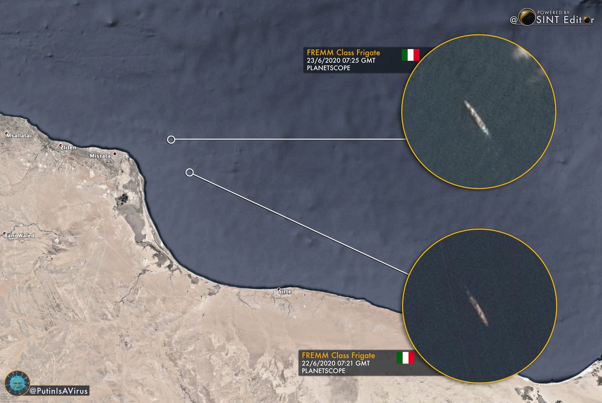 Sat coverage hasn't been great in last days but still enough to capture what looks like an Italian FREMM (Bergamini) class frigate operating in the just east of Misrata #Libya #OSINT <a href="/PutinIsAVirus/">Putin is a Virus</a>