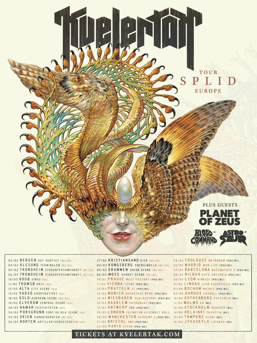 Kvelertak's tweet image. 💀NEW TOUR💀 Hello friends, 2021 we will be heading back out on the road with our friends in #PlanetofZeus, #BloodCommand, and #Astrosaur (on select dates).  

Get details, dates and tickets at kvelertak.com!