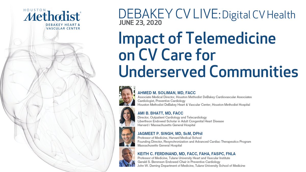 Don't miss today's #CVlive at 5pm CST. Dr. Ahmed Soliman leads an expert panel in a discussion of the impact of #telemedicine on CV care in underserved communities. Watch live and send questions! @ahmsolmd, @AmiBhattMD, @kcferdmd @JagSinghMD bit.ly/2AxweOV #cardiotwitter