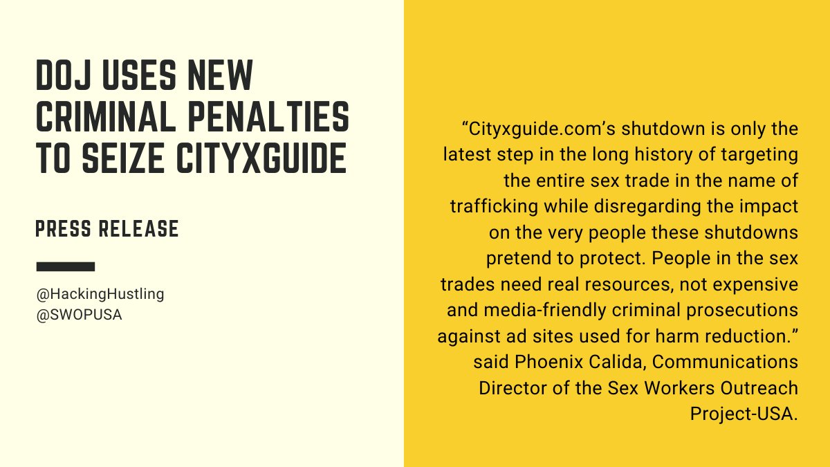 hackinghustling's tweet image. Last week, the DOJ used the expanded criminal provisions created under #FOSTA for the first time. Read the @HackingHustling
 and @SwopUSA
 statement on this huge expansion of criminalizing #sexwork #FuckFOSTA #LetUsSurvive #CDA230

hackinghustling.org/press-release-…