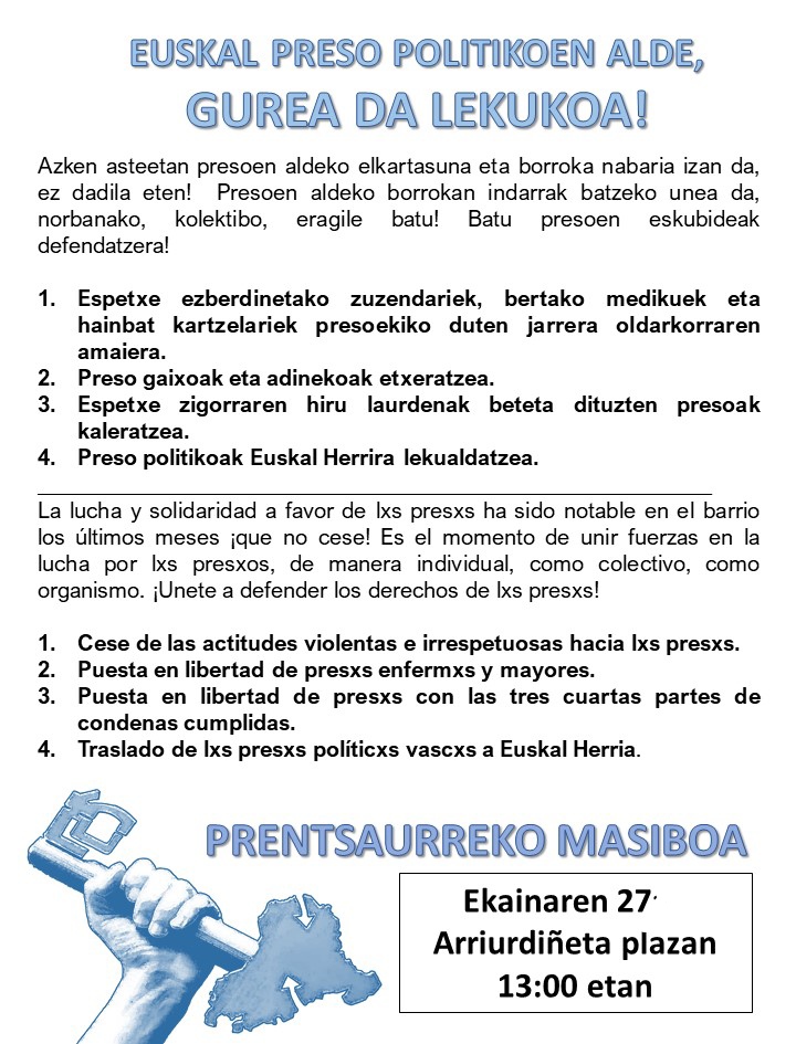 Larunbatean Txantrean egingo den auzo-prentsaurrekoan egongo gara eta  partehartzeko deia luzatzen diogu Euskal Preso Poitikoen alde dauden txantrear guztioi. 
Lekukoa hartzeko prest gaude !!!✊✊