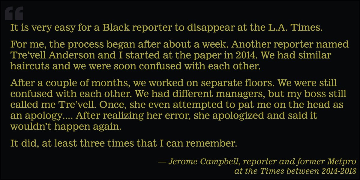 Storiz's tweet photo. As newsrooms reckon with systemic racism and discrimination, we collected the stories of former Black @latimes staff like @JeromeRCampbell. Here are their experiences. We demand change. #BlackatLAT https://t.co/YfwdIrbV4h https://t.co/njKdShSY4R