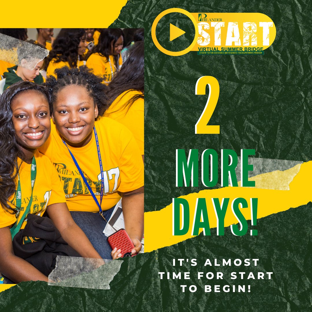 PhilanderSmith's tweet photo. TWO MORE DAYS, and your journey to an unforgettable experience that'll help you gain college credit will begin! Have you signed up yet? If not, there's still time! Visit https://t.co/kEV8dTNOoJ and register today!
#SummerBridge #START #CreditUp https://t.co/Rl1NxfhdYT