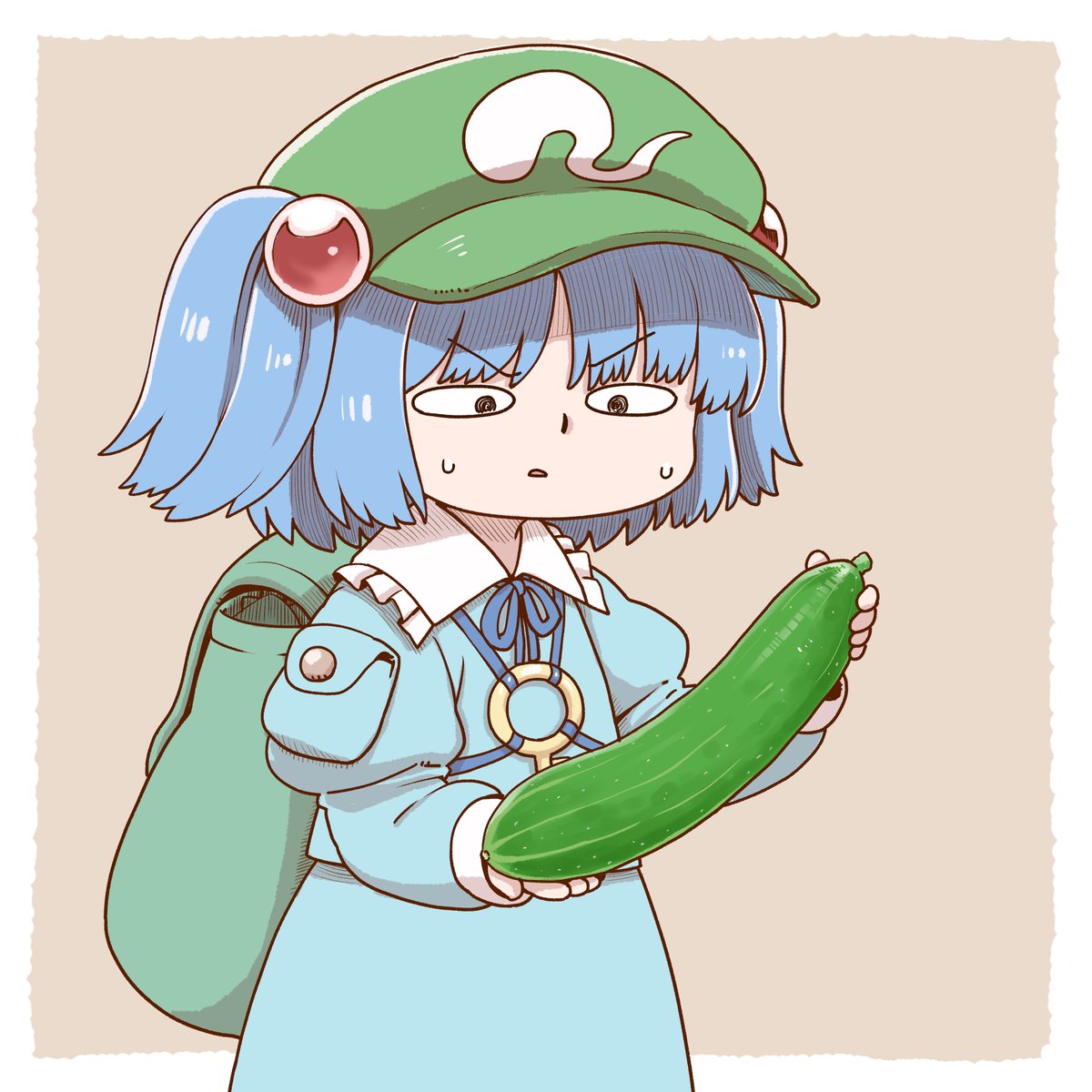 kawashiro nitori 1girl cucumber solo bag blue hair backpack hat  illustration images