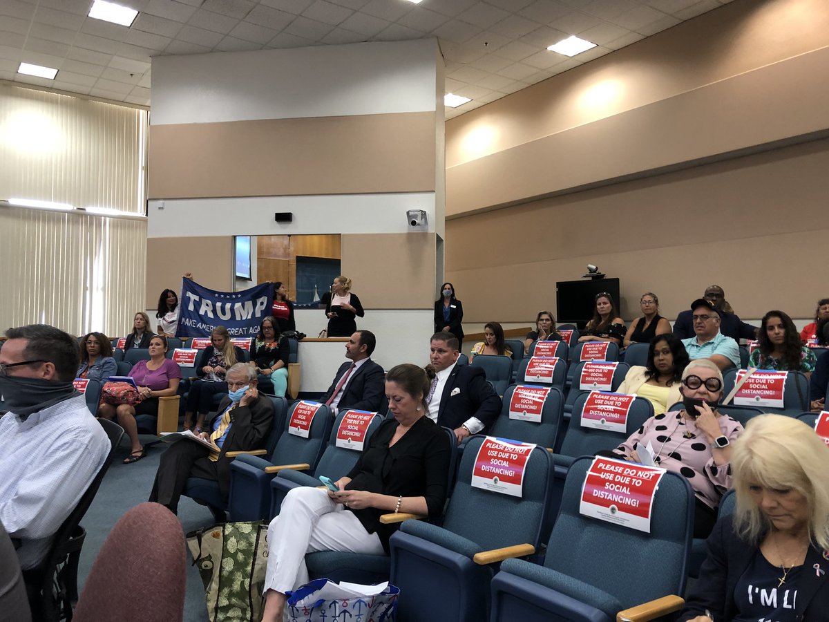 Kerner has scolded the crowd when they cheer for public commenters, so they now show their support by throwing up jazz hands. Also, a Trump flag is being held up in the back.