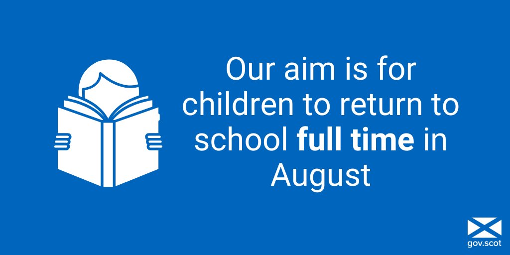 Our aim is for children to return to school full time in August. In  @ScotParl,  @JohnSwinney says that this is dependent on scientific advice that it is safe, and on precautions being in place in schools.Find out more here  https://bit.ly/fulltimeschooling