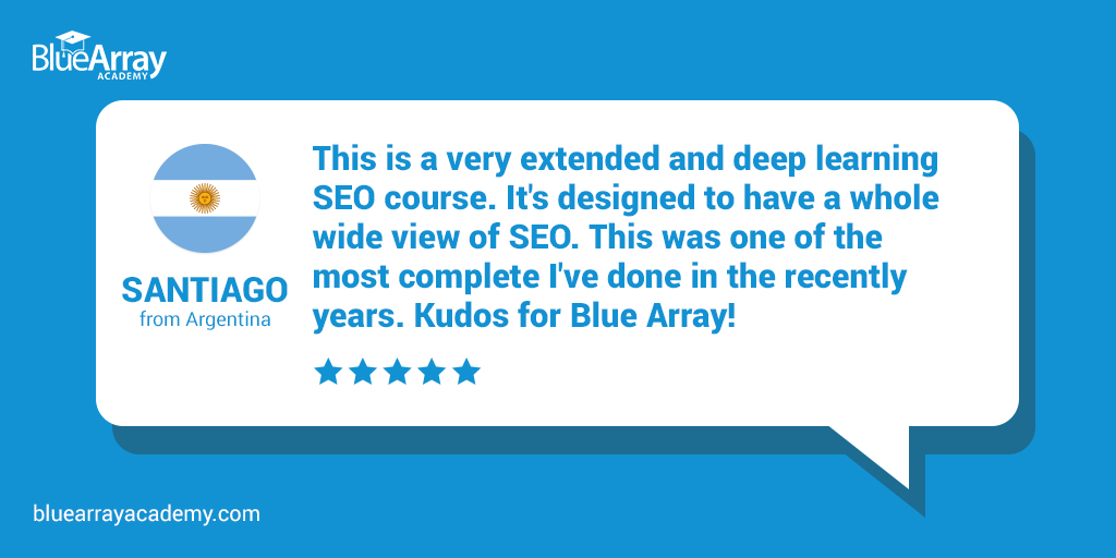 bluearrayseo's tweet image. Thank you so much for your great feedback Santiago 🙌 
Kudos to YOU for completing the course!

Hello to all our students from Argentina who&apos;ve decided to boost their #SEO skills 👋

Learn SEO the Blue Array way ➡️  ow.ly/oRZH50AfaPD

#bluearrayacademy #seocourse