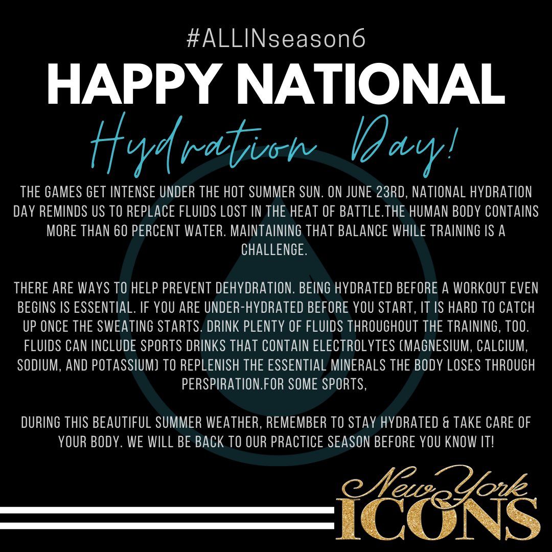💧 It’s time to HYDRATE! Let’s Celebrate National Hydration Day &amp; fuel our bodies with water &amp; electrolytes! ✨ #ALLINseason6 #GoldVibes #IconsTribe <a href="/nyiconsbuffalo/">NY Icons Buffalo</a> <a href="/nyiconsfairport/">NEW YORK ICONS FAIRPORT</a> @nyiconsrochester