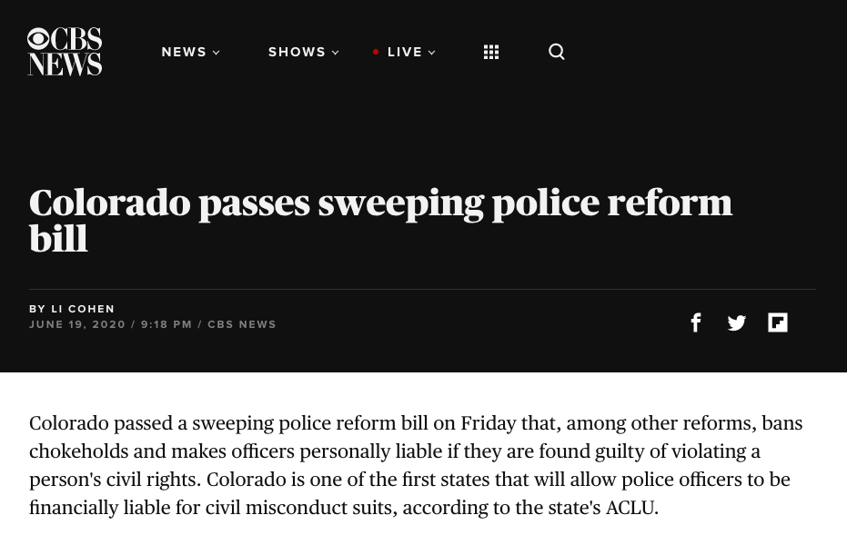 Or that identity politics is too inwardly focused, directing its energies toward language, symbols, or the personal psychology of its audience. What about material change? What about actual policy?Well actually... https://www.cbsnews.com/news/colorado-passes-sweeping-police-reform-bill/ https://www.nytimes.com/2020/06/12/nyregion/50a-repeal-police-floyd.html