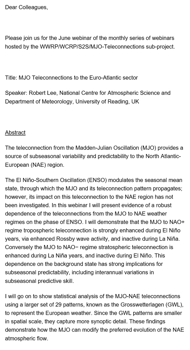 On Thursday (June 25th), 15:30 UK time / 14:30 UTC / 10:30am Eastern join me for a seminar on 'MJO Teleconnections to the Euro-Atlantic sector' as part of the monthly series of webinars hosted by the WWRP/WCRP/S2S MJO-Teleconnections sub-project. Message/email me for joining info
