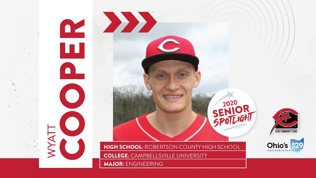 RedsCommunity's tweet photo. Today’s Senior Spotlight is Wyatt Cooper! Wyatt will be graduating from Robertson County HS and has been an RBI student-athlete for 3 years. Wyatt will be attending Campbellsville University where he plans to study Engineering in addition to playing baseball. Way to go Wyatt! ⭐️ https://t.co/jU2eU2E6LU