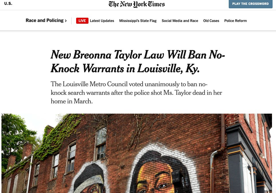 And also... https://www.courant.com/news/connecticut/hc-news-lamont-police-executive-order-20200615-q43cff7bdbd5pabktlqf4eqygu-story.html https://www.nytimes.com/2020/06/12/us/breonna-taylor-law-passed.html https://www.wusa9.com/article/news/local/dc/dc-council-proposes-police-reform/65-44ba6c15-d7c8-42e7-89aa-524eaa60ea4d https://www.houstonchronicle.com/news/houston-texas/houston/article/Turner-signs-order-on-use-of-force-policies-15331411.php