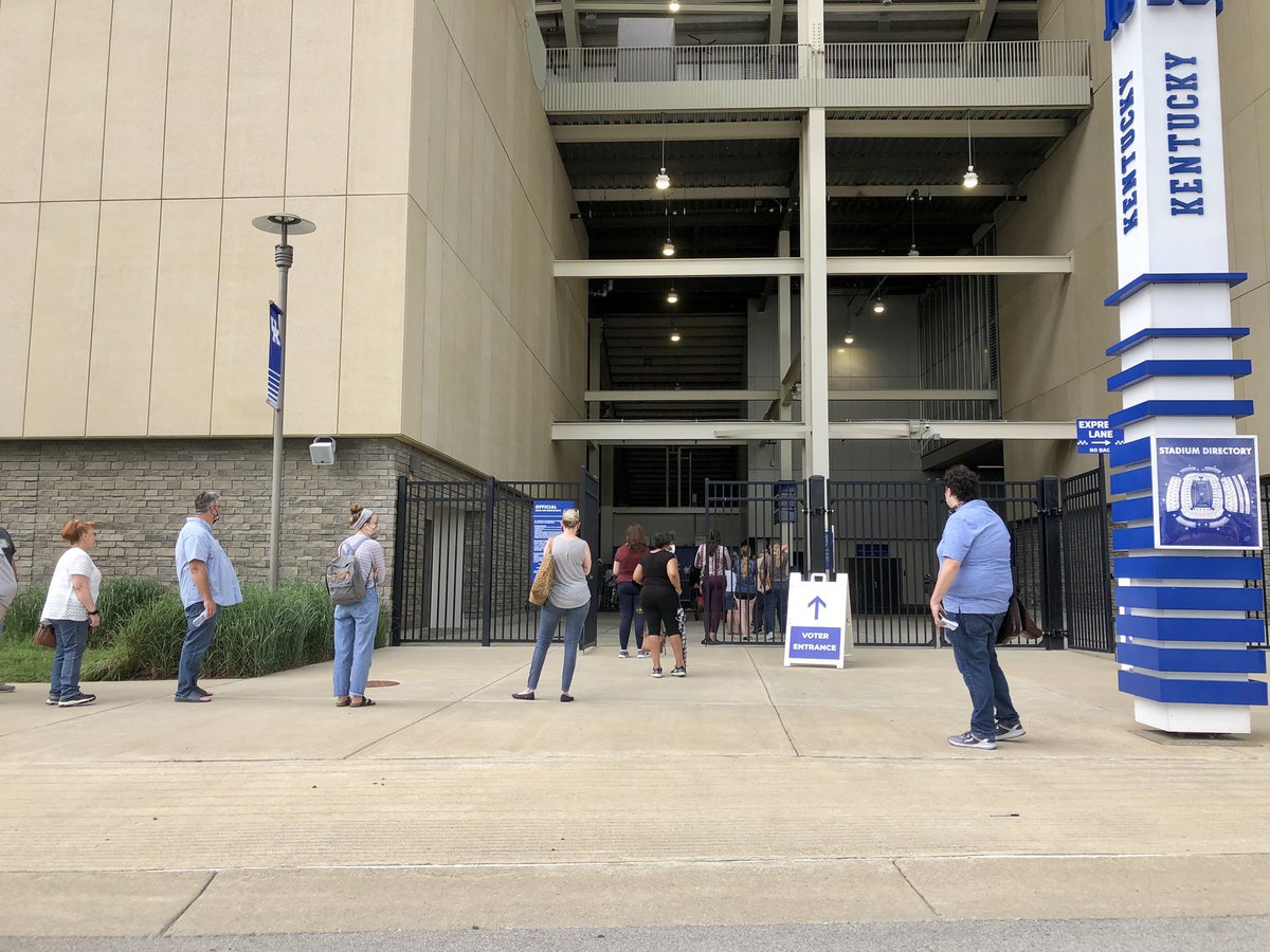 FollowBolson's tweet photo. Hundreds of voters waiting in line outside of Kroger Field in #Lexington, Ky., at 11:30 a.m. today to cast their votes in Kentucky’s #Primary #Election. #LexKy #Vote #ElectionDay #KrogerField https://t.co/9ZmqItkTeo