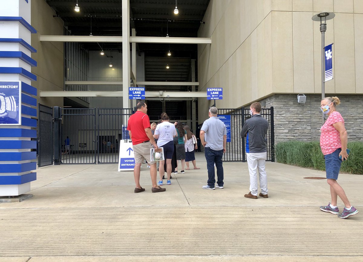 FollowBolson's tweet photo. Hundreds of voters waiting in line outside of Kroger Field in #Lexington, Ky., at 11:30 a.m. today to cast their votes in Kentucky’s #Primary #Election. #LexKy #Vote #ElectionDay #KrogerField https://t.co/9ZmqItkTeo