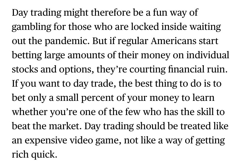 Well put by  @Noahpinion. Gamifying day trading in a world where people have more time than money is a recipe for disaster! https://www.bloomberg.com/opinion/articles/2020-06-23/robinhood-traders-will-have-fun-until-they-get-wiped-out