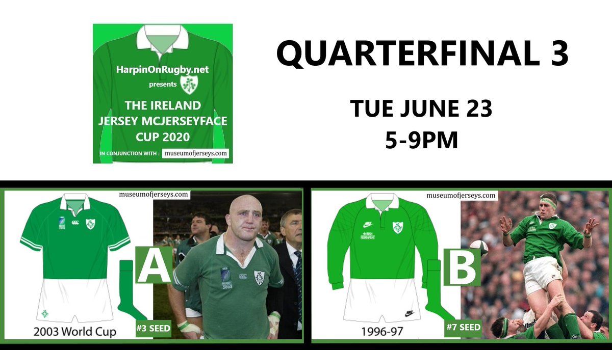 Harpin' On Rugby (@harpinonrugby) on Twitter photo Time for the 3rd quarterfinal of the Ireland Jersey McJerseyface Cup.
The last remaining RWC jersey vs the oldest remaining jersey for a spot in the final four.
Graphics courtesy of <a href="/museumofjerseys/">Museum of Jerseys</a>
Vote for your preferred design in the next tweet in the thread π Time for the 3rd quarterfinal of the Ireland Jersey McJerseyface Cup.
The last remaining RWC jersey vs the oldest remaining jersey for a spot in the final four.
Graphics courtesy of <a href="/museumofjerseys/">Museum of Jerseys</a>
Vote for your preferred design in the next tweet in the thread π
