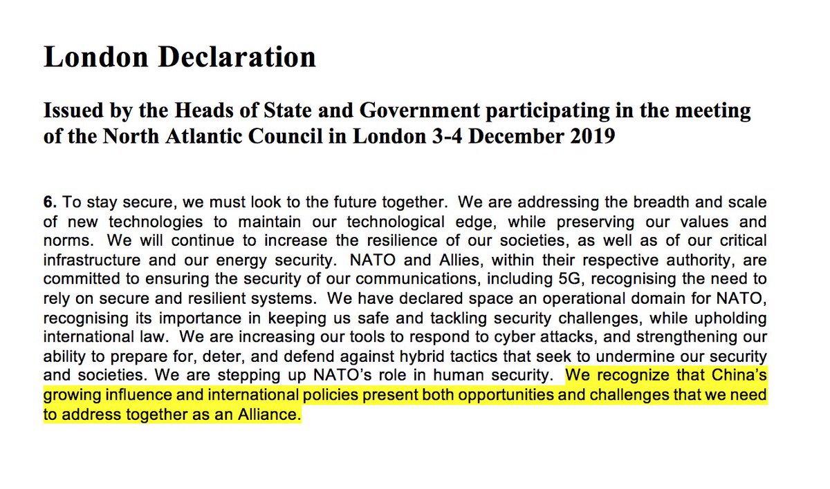 3/n Les éléments de langage utilisés sont mesurés et officialisent la prise de conscience par les alliés des enjeux et inquiétudes liés à l’influence croissante de la Chine. Cela n’annonce pas un changement de paradigme ou de hiérarchie des priorités pour l’OTAN.