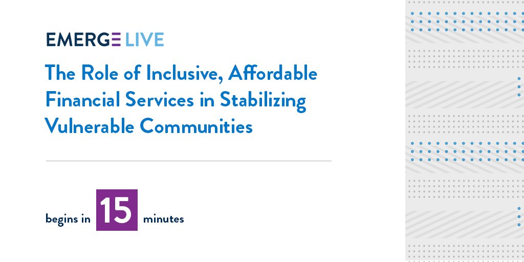 “The Role of Inclusive, Affordable Financial Services in Stabilizing Vulnerable Communities,” featuring <a href="/jentescher/">Jennifer Tescher (she/her)</a> and Raul Vazquez of <a href="/oportun/">Oportun</a>, starts in 15 minutes. Tune in live for free. #EMERGELive 

bit.ly/3fKjOCU